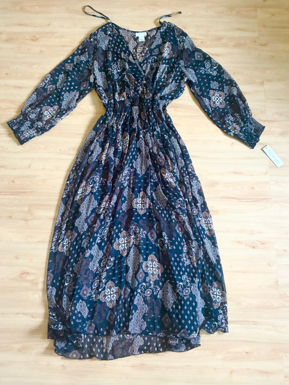 Kate & Lily Boho Floral Midi Dress Black Brown Long Sleeve Size 14W